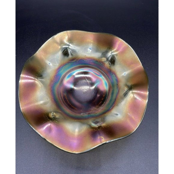 Vintage Northwood Beaded Cable Marigold & Green Carnival Glass Footed Bowl 7.5 " - Picture 2 of 4